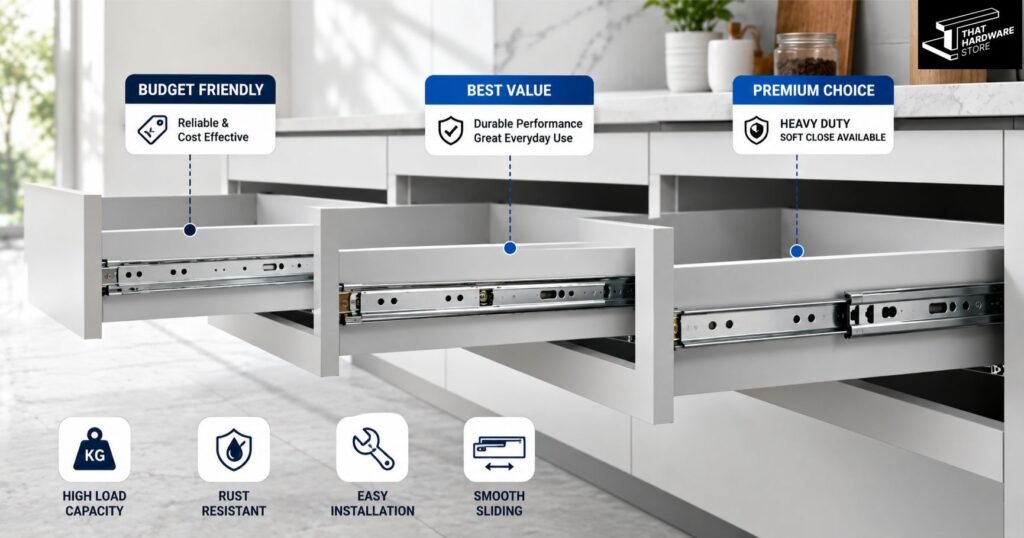 Comparison of budget, value, and premium stainless steel telescopic drawer channels installed in modern modular kitchen drawers.