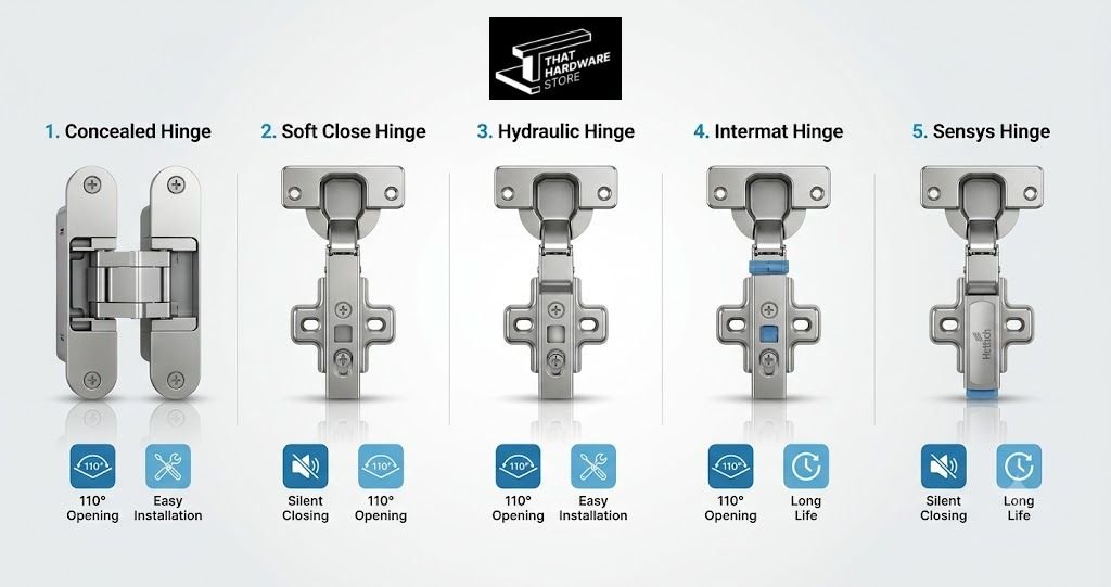 Infographic showcasing 5 types of Hettich hinges including Concealed, Soft Close, Hydraulic, Intermat, and Sensys hinges with feature icons on a light grey background.