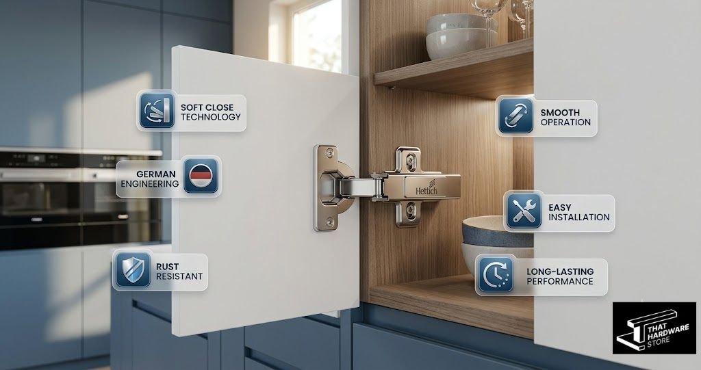 Closeup of a polished Hettich concealed hinge installed on a wooden modular kitchen cabinet with floating technology feature labels.