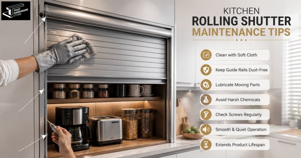 Homeowner cleaning and lubricating an aluminium kitchen rolling shutter cabinet to ensure smooth operation and long lifespan.