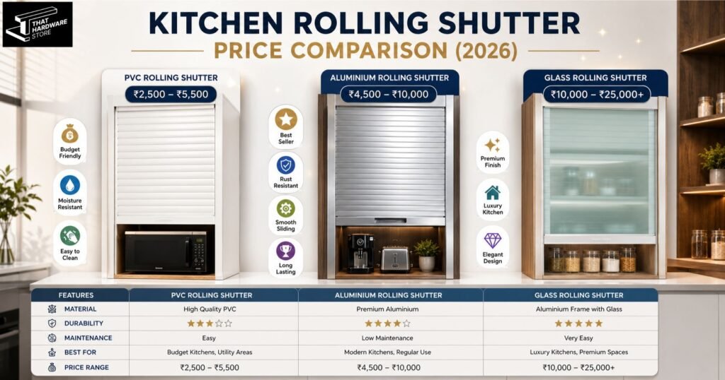 Comparison of PVC, aluminium, and glass kitchen rolling shutters with price ranges and features in India 2026.