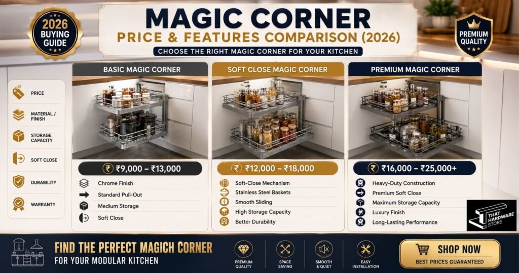 Magic Corner price and feature comparison 2026 showing Basic, Soft Close and Premium Magic Corner models