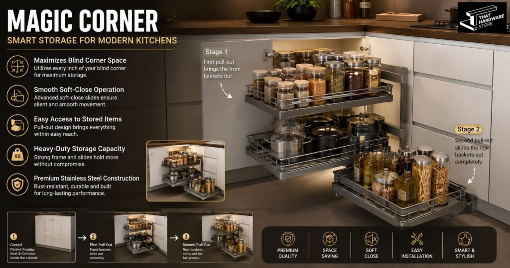 Magic Corner working mechanism showing two-stage pull-out soft-close corner storage system inside a modular kitchen