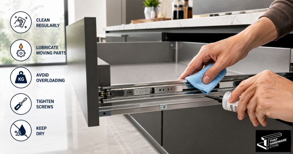 Cleaning and lubricating stainless steel telescopic drawer channels to ensure smooth sliding and longer service life in a modular kitchen.