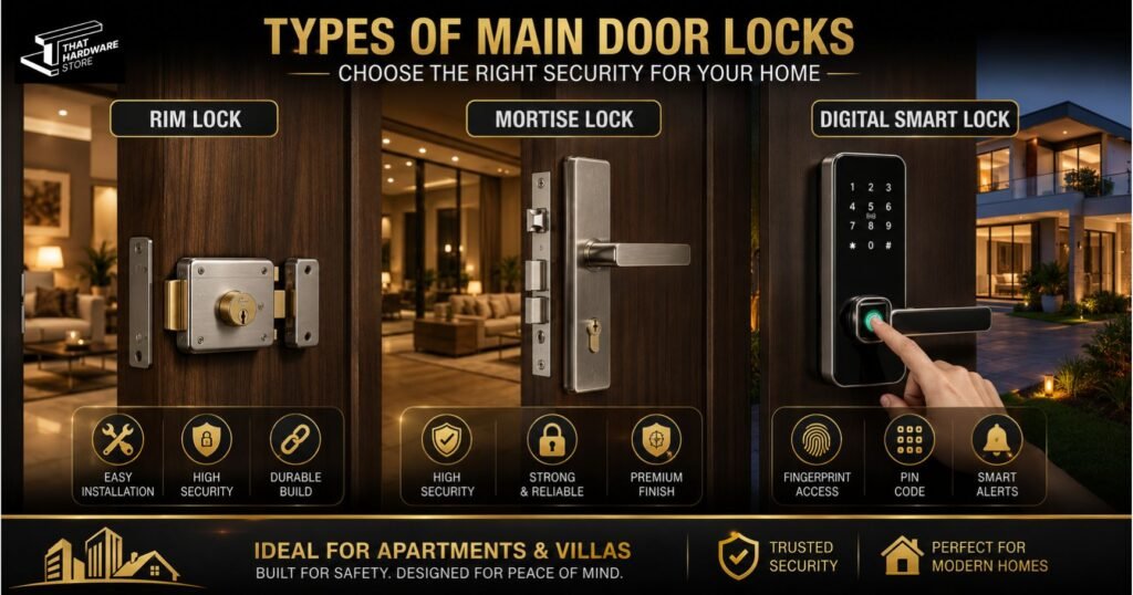 Comparison of Godrej rim lock, mortise lock, and digital smart lock installed on modern wooden main doors for apartments and villas.
