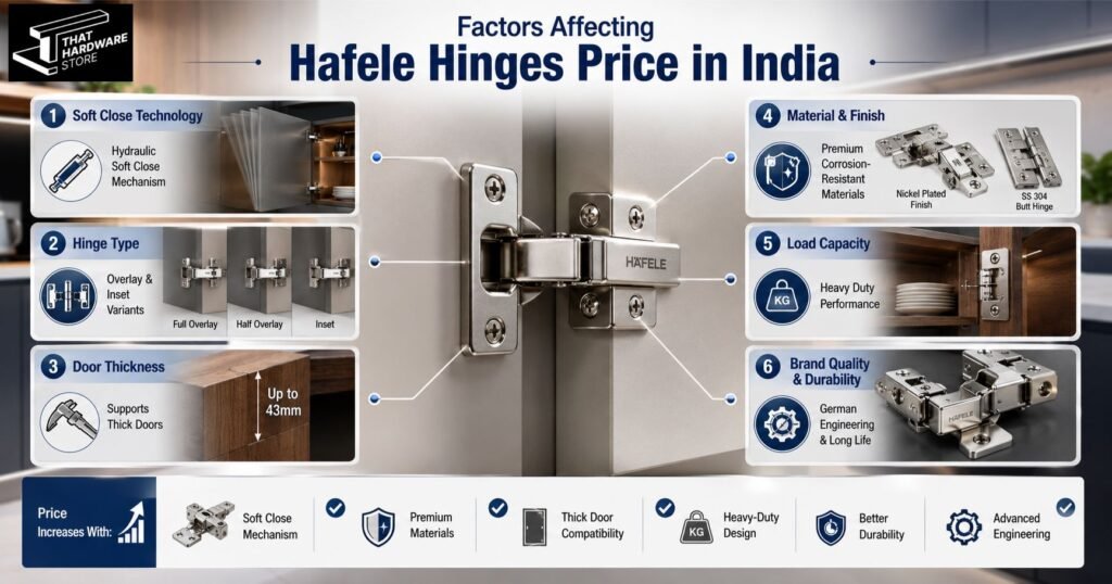 Factors affecting Hafele hinges price in India including soft close technology, hinge type, door thickness, material, load capacity and German engineering.