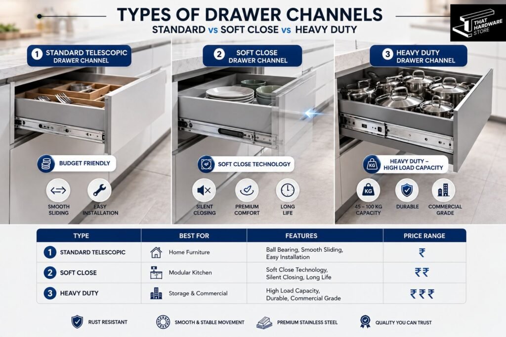 Comparison of standard telescopic, soft close, and heavy duty drawer channels installed in modular kitchen drawers with ball bearing slides.