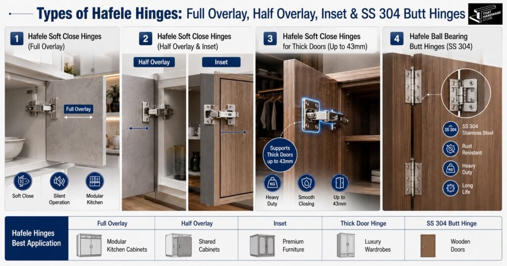 Types of Hafele hinges including full overlay, half overlay, inset, thick door soft close hinges up to 43mm and SS 304 ball bearing butt hinges.