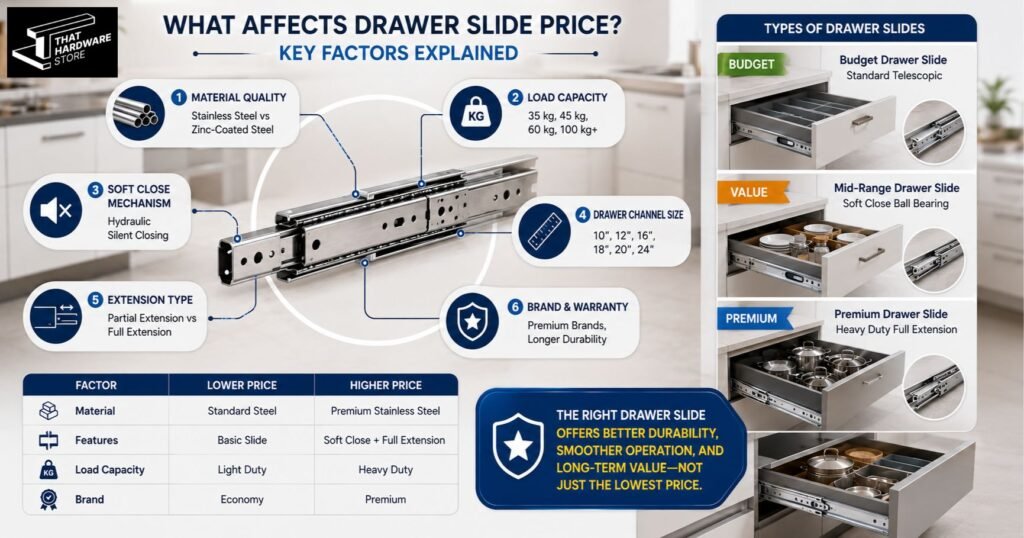Infographic explaining factors affecting drawer slide price including material quality, load capacity, soft close mechanism, extension type, and drawer channel size.