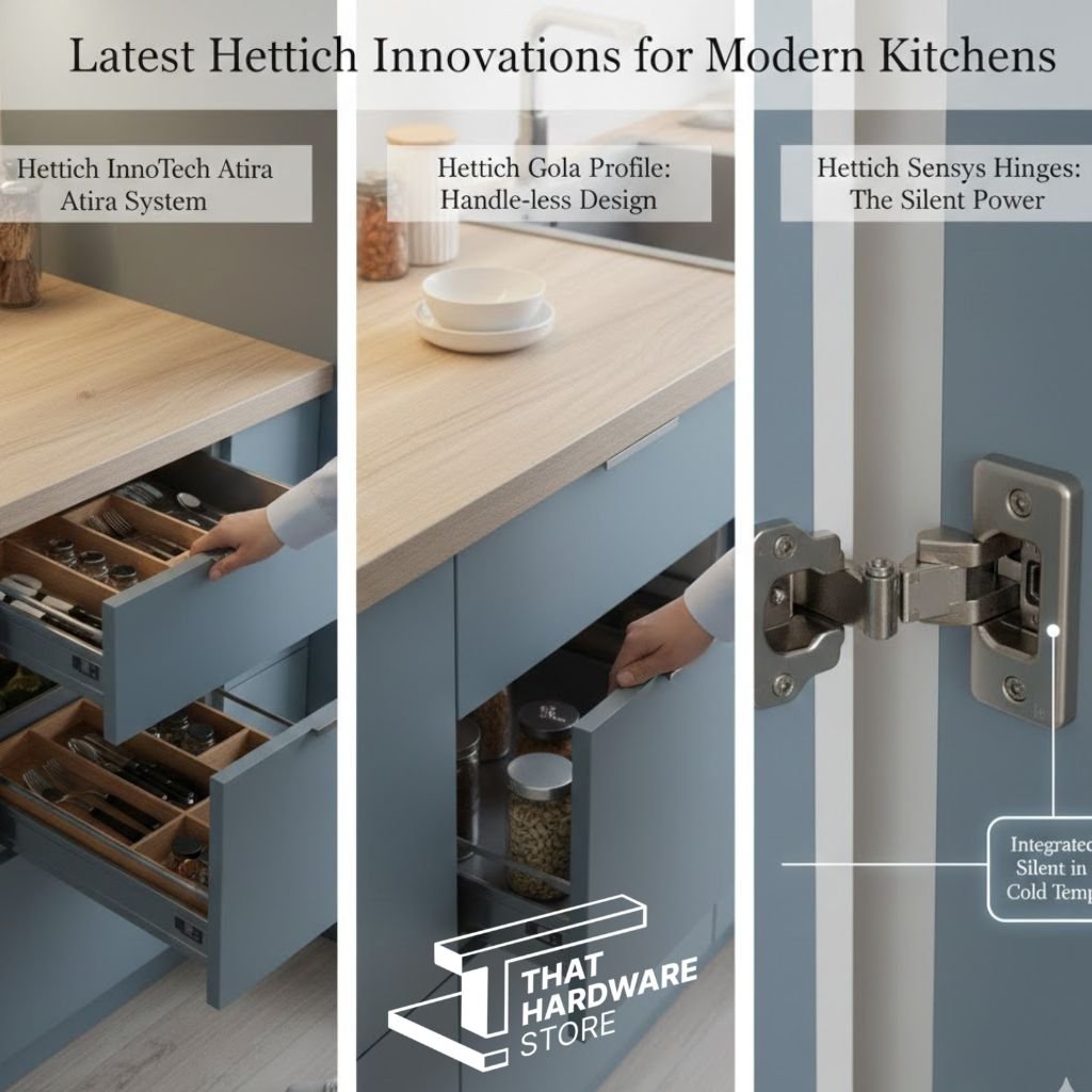 Three-way split image showing Hettich InnoTech Atira drawer system, Gola profile, and Sensys soft-close hinges.