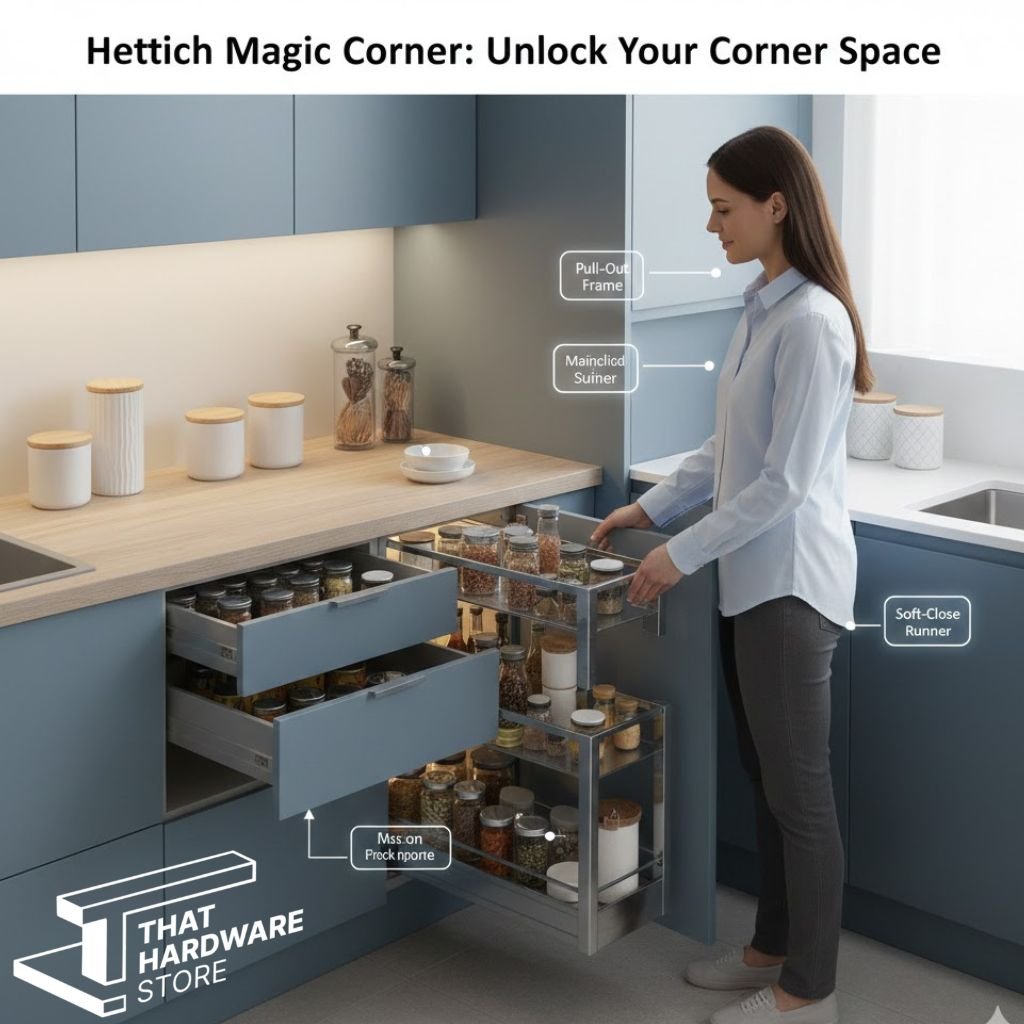 Close-up of a Hettich Magic Corner mechanism pulling out of a kitchen corner cabinet for easy access.
