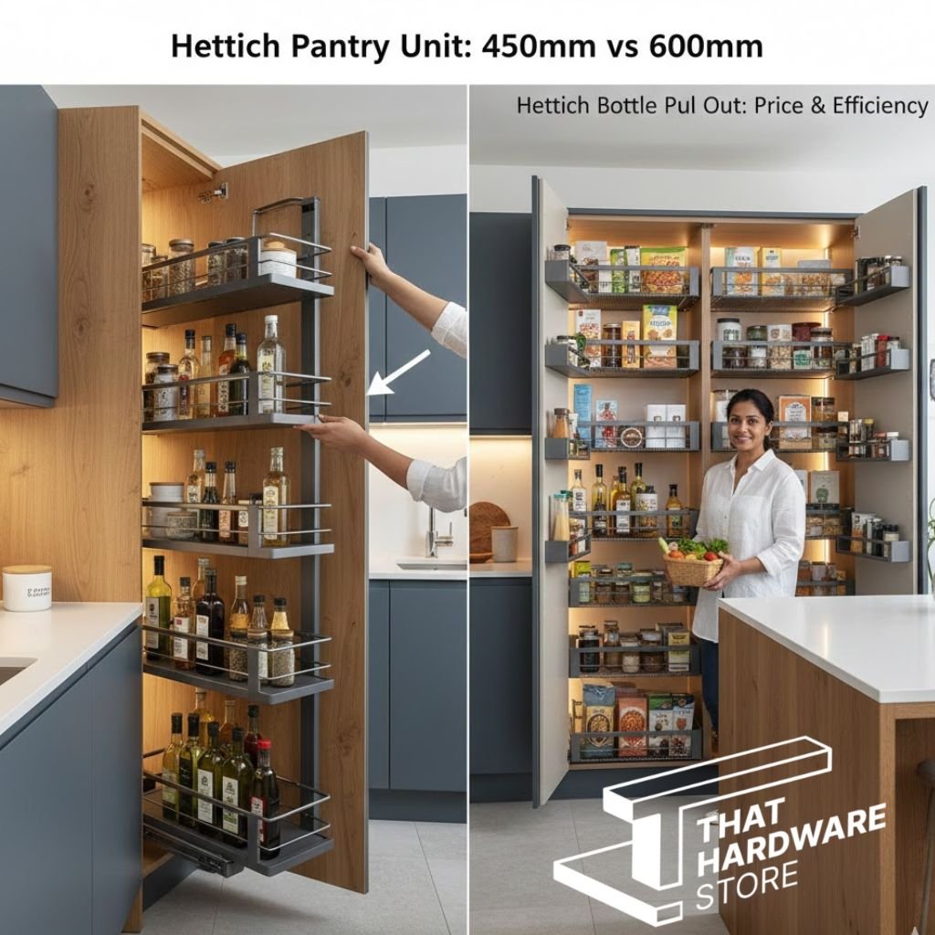 Comparison view of a 450mm Hettich pantry unit and a 600mm wide pantry unit with glass baskets.