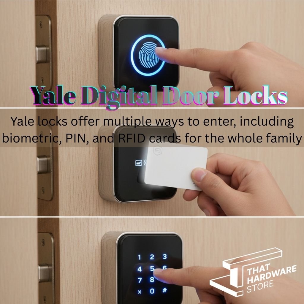 Close-up of Yale YDME 100 NxT showing fingerprint and RFID card access modes.