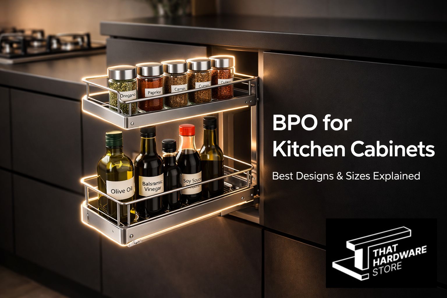 BPO for kitchen cabinets with stainless steel bottle pull out organizer in modern modular kitchen
