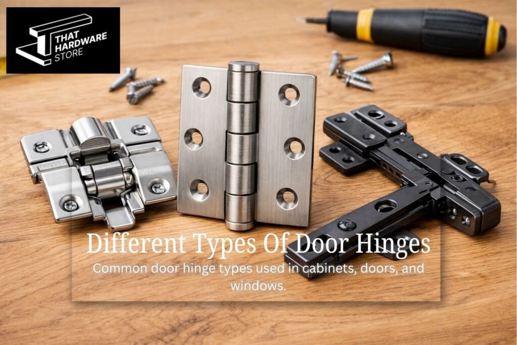 Different types of door hinges including concealed hinge butt hinge and window hinge