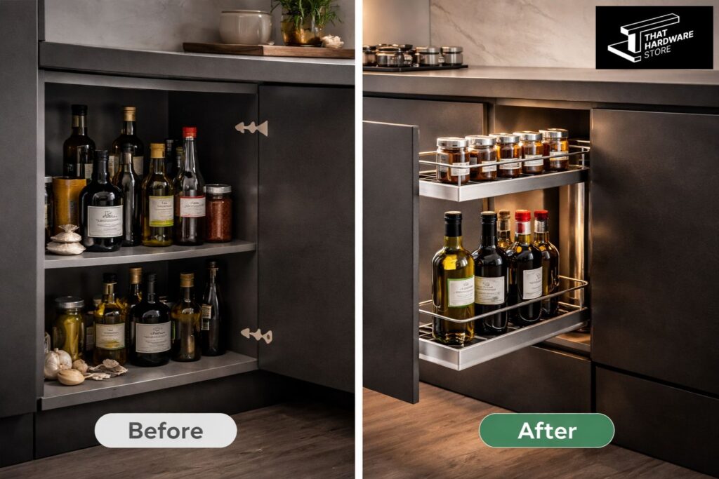 Before and after kitchen cabinet organization using bottle pull out unit showing cluttered vs organized storage