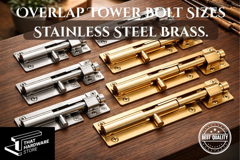 Different sizes of stainless steel and brass overlap tower bolts arranged for door and window security hardware
