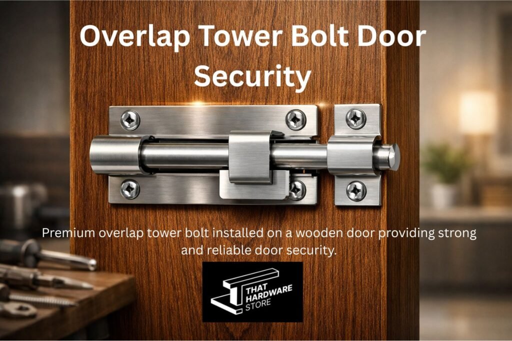 Stainless steel overlap tower bolt installed on a wooden door for secure door locking