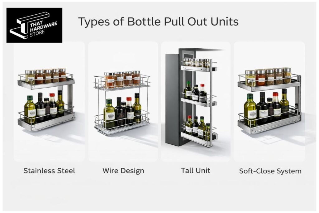 Different types of bottle pull out units including stainless steel, wire basket, tall unit and soft close system