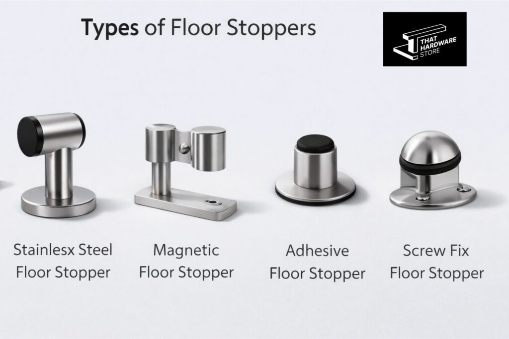 Different types of floor stopper including rubber stainless steel and magnetic