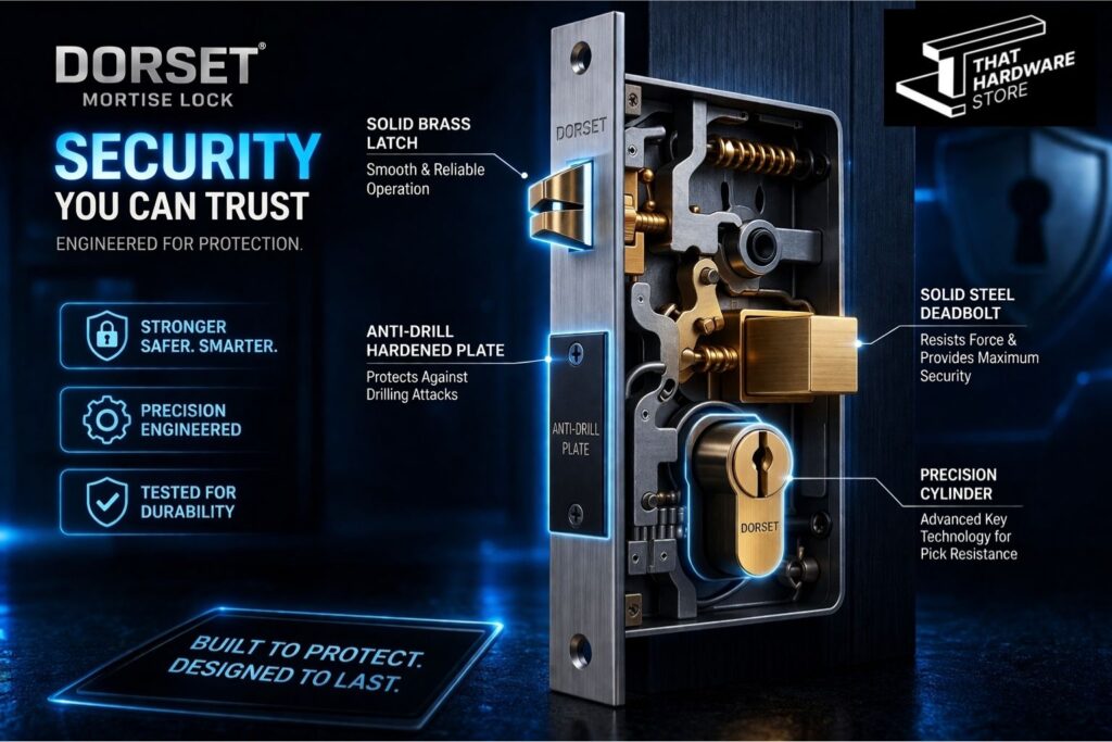 Dorset mortise lock internal components showing latch deadbolt cylinder and anti drill plate