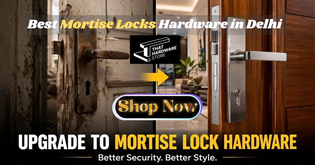 Premium mortise lock hardware installed on modern main door in Delhi for home security