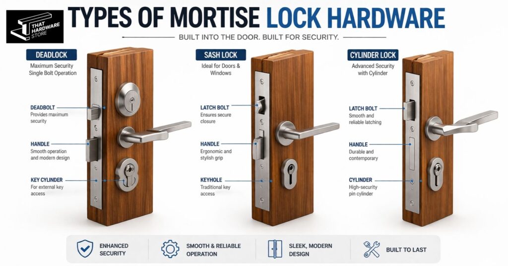 Types of mortise lock hardware in India including deadlock, sash lock and cylinder lock
