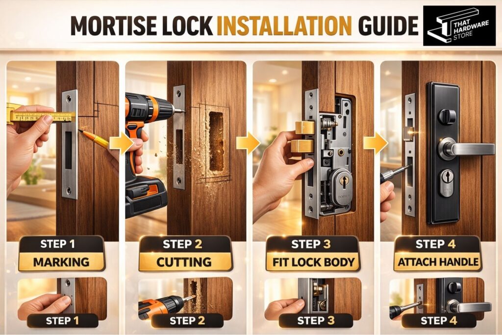Step by step mortise door lock installation guide on wooden door marking cutting fitting and handle fixing
