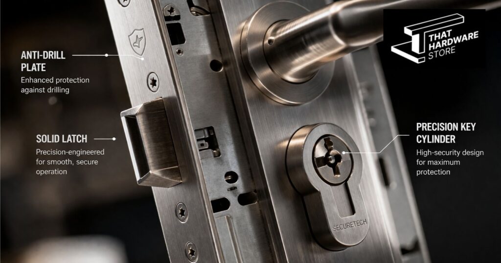 Close-up of mortise lock hardware showing anti-drill and high security features