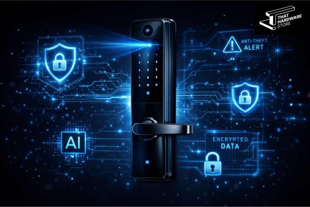 Smart door lock features including face recognition fingerprint PIN RFID and mobile app control