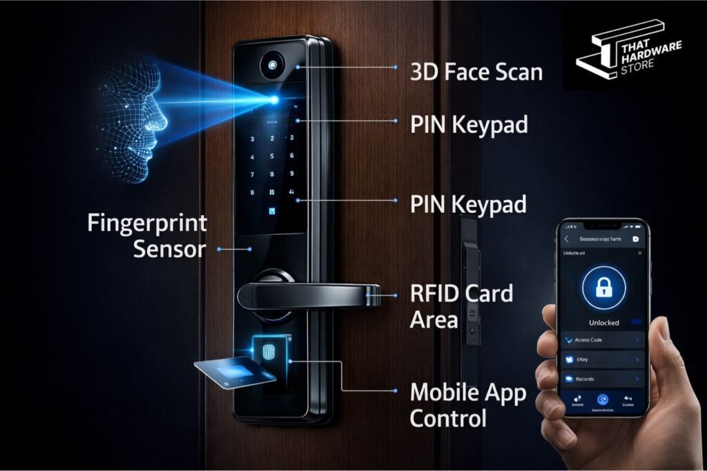 Smart door lock features including face recognition fingerprint PIN RFID and mobile app control