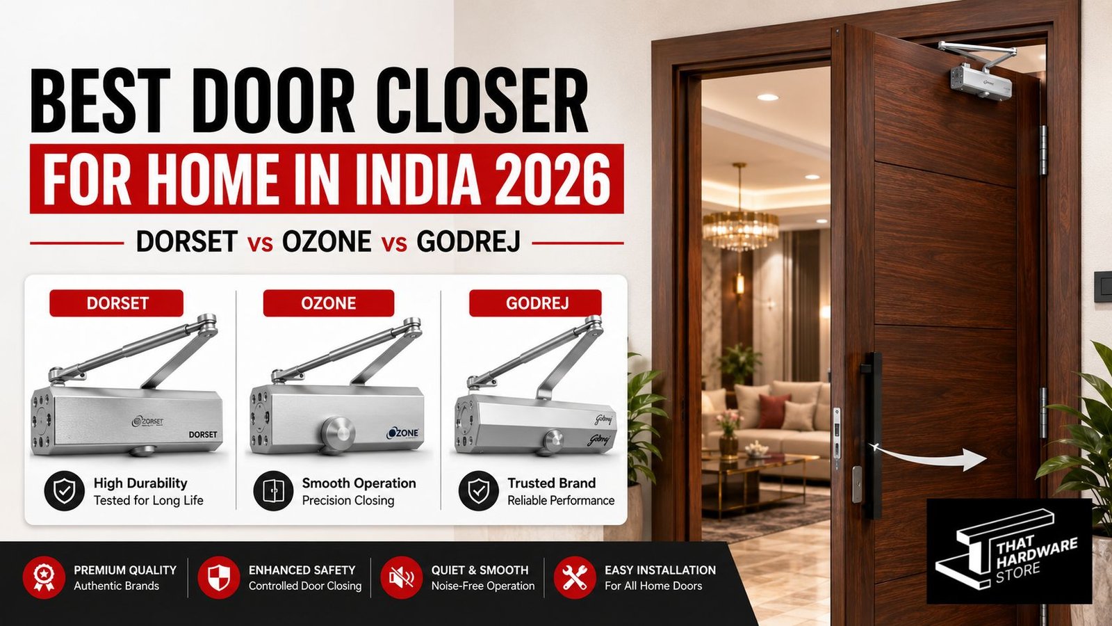 Best door closer for home India 2026 comparison of Dorset Ozone and Godrej hydraulic door closers