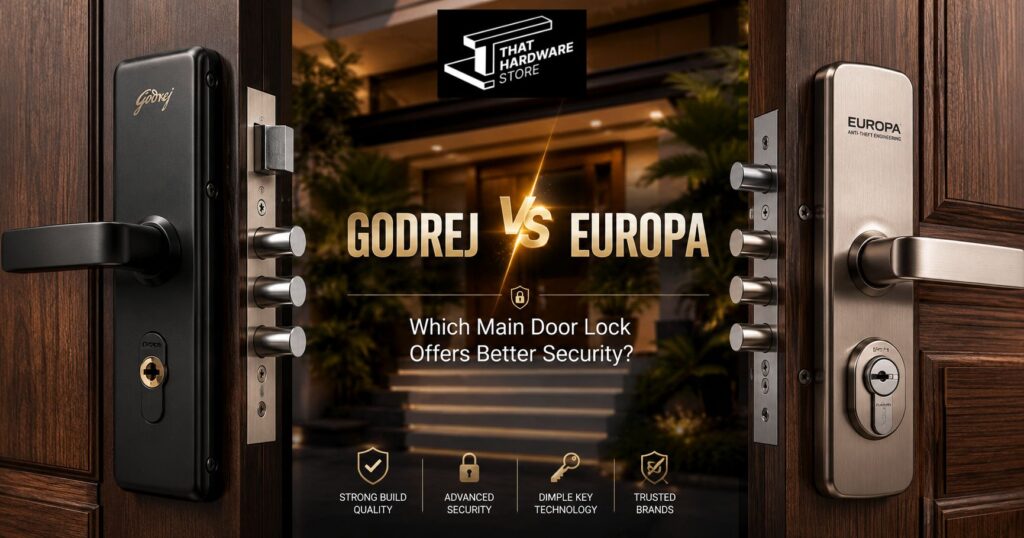 Godrej vs Europa main door lock comparison featuring premium wooden doors with advanced deadbolt locking systems and security hardware.