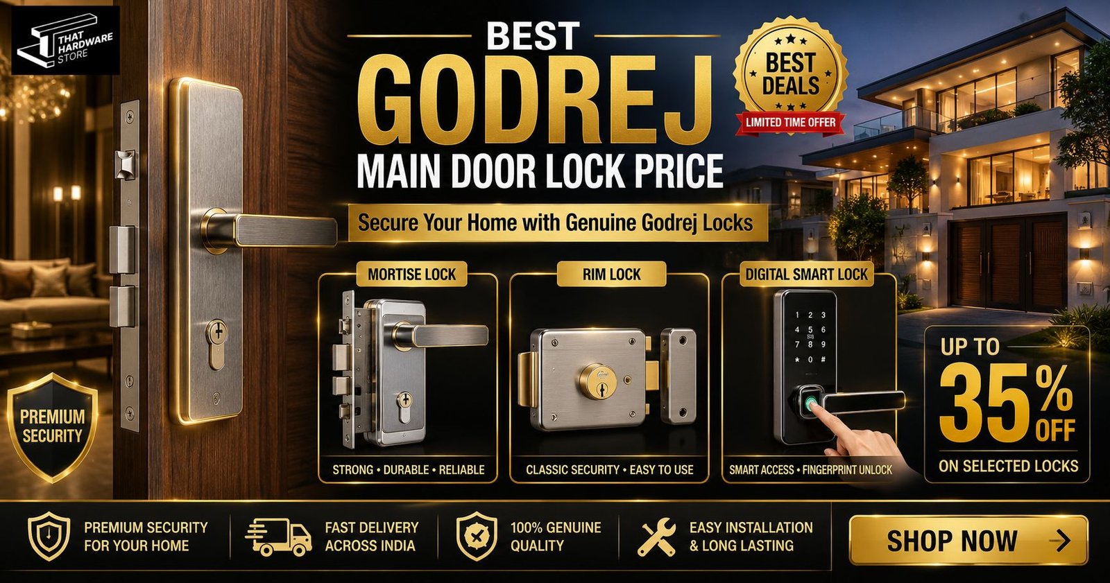 Best Godrej main door lock price featuring premium mortise, rim, and digital smart locks installed on luxury apartment and villa entrance doors.