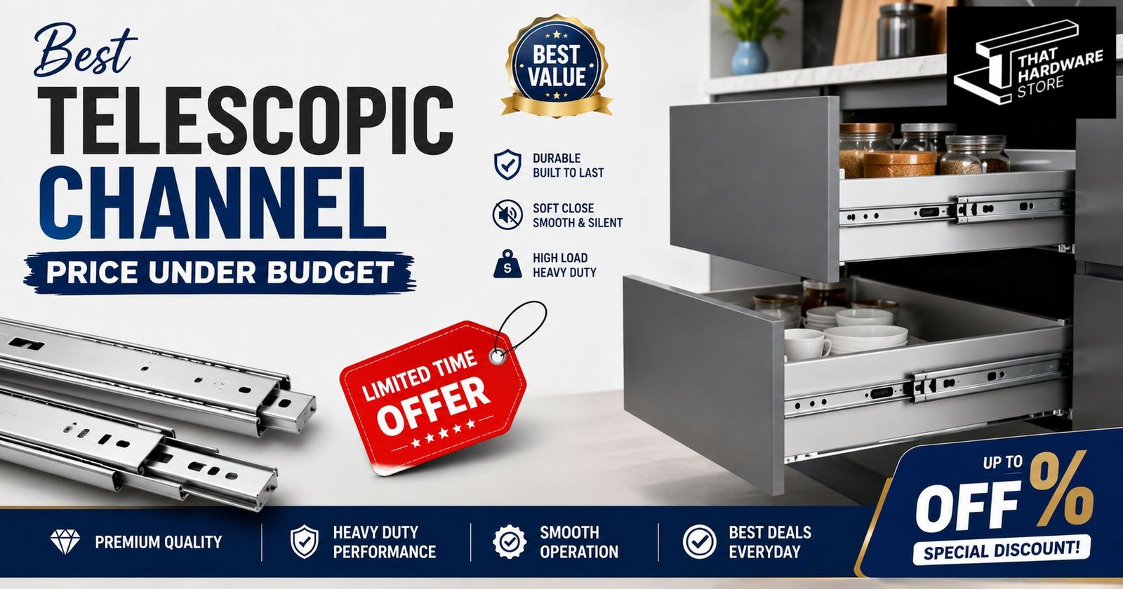 Best telescopic channel price under budget with premium stainless steel ball bearing drawer slides installed in a modern modular kitchen drawer.