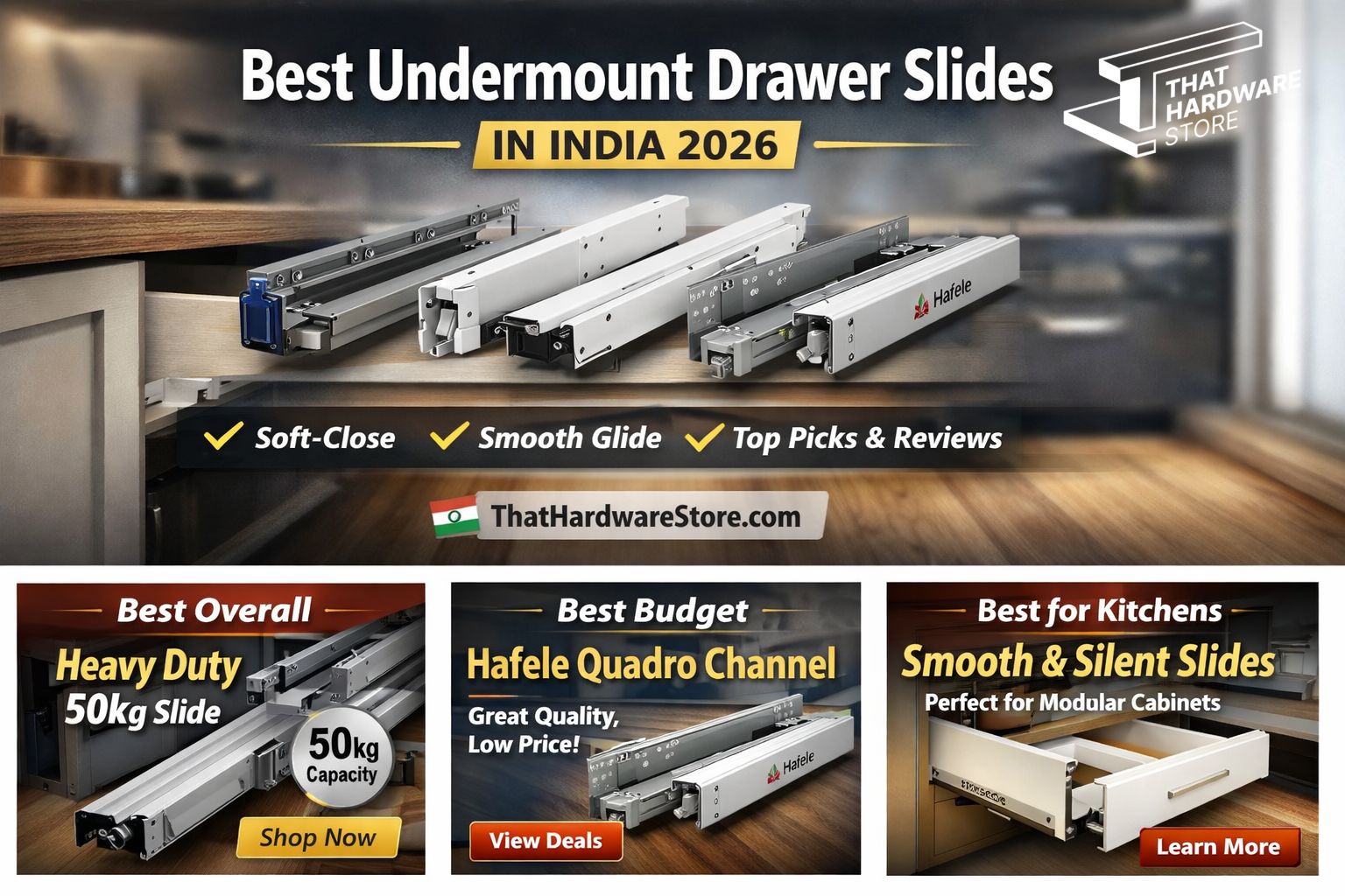 Best undermount drawer slides in India 2026 with soft close and Hafele Quadro channel