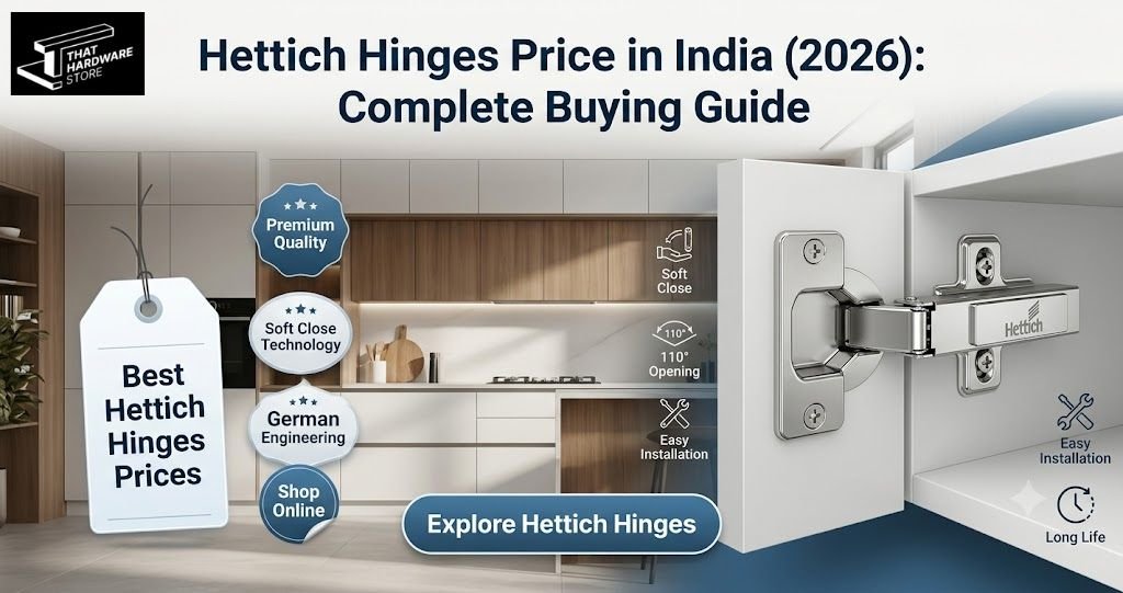 Premium Hettich soft close concealed hinges installed in a modern modular kitchen with white and wooden cabinets, featuring a price tag and sale badges.