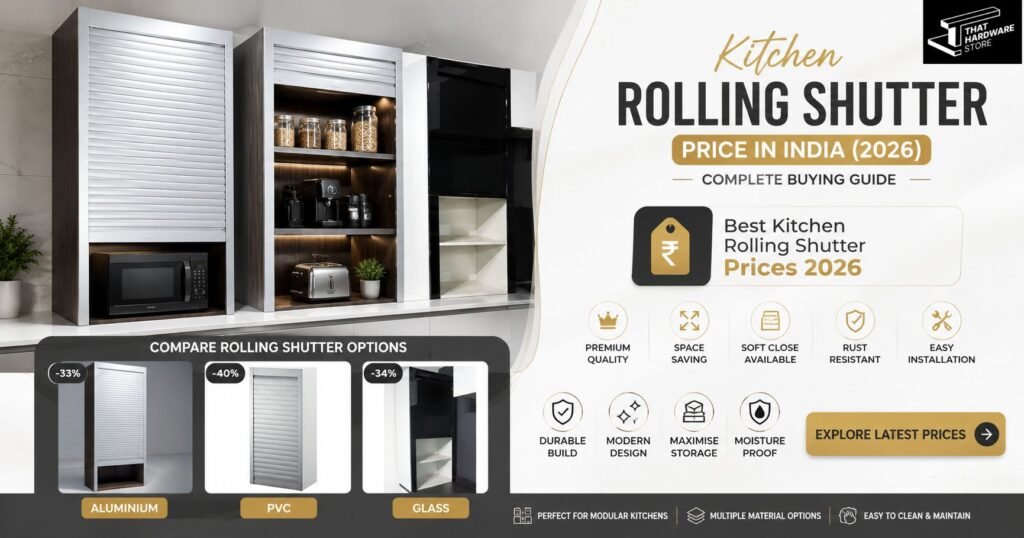 Modern modular kitchen with aluminium rolling shutter cabinets showcasing the latest kitchen rolling shutter price in India 2026 buying guide.