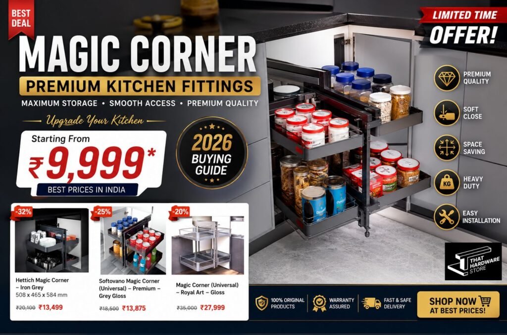 Magic Corner Price in India 2026 premium modular kitchen pull-out corner storage system with soft-close baskets