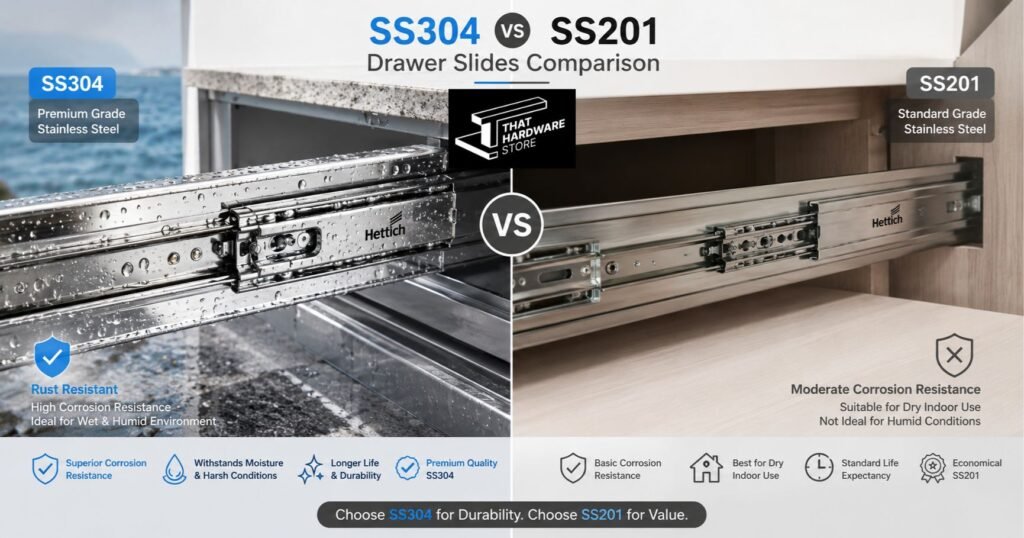 Comparison of SS304 and SS201 stainless steel drawer slides showing rust resistance and indoor usage differences