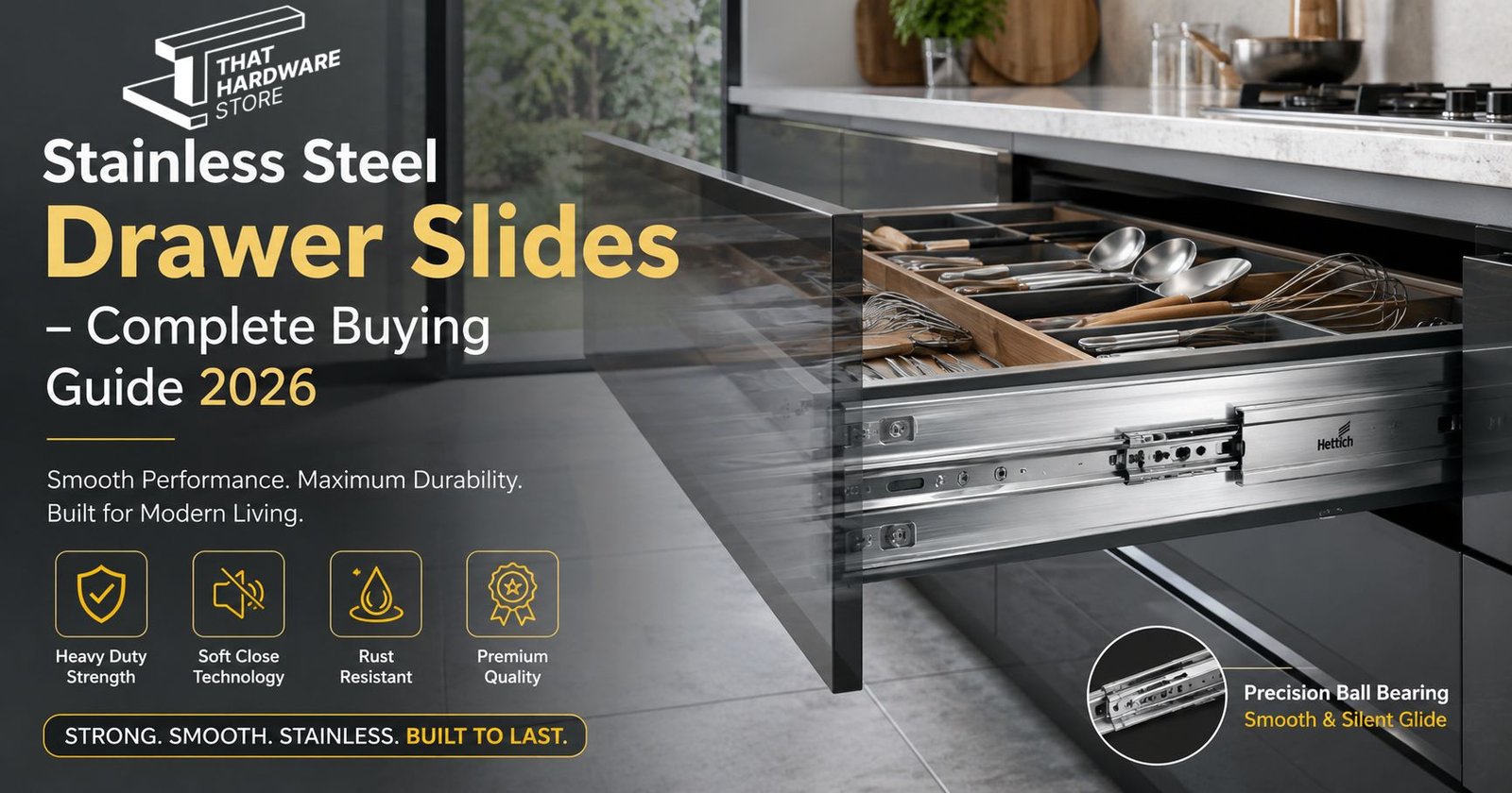 Premium modular kitchen drawer with stainless steel drawer slides and soft close telescopic mechanism
