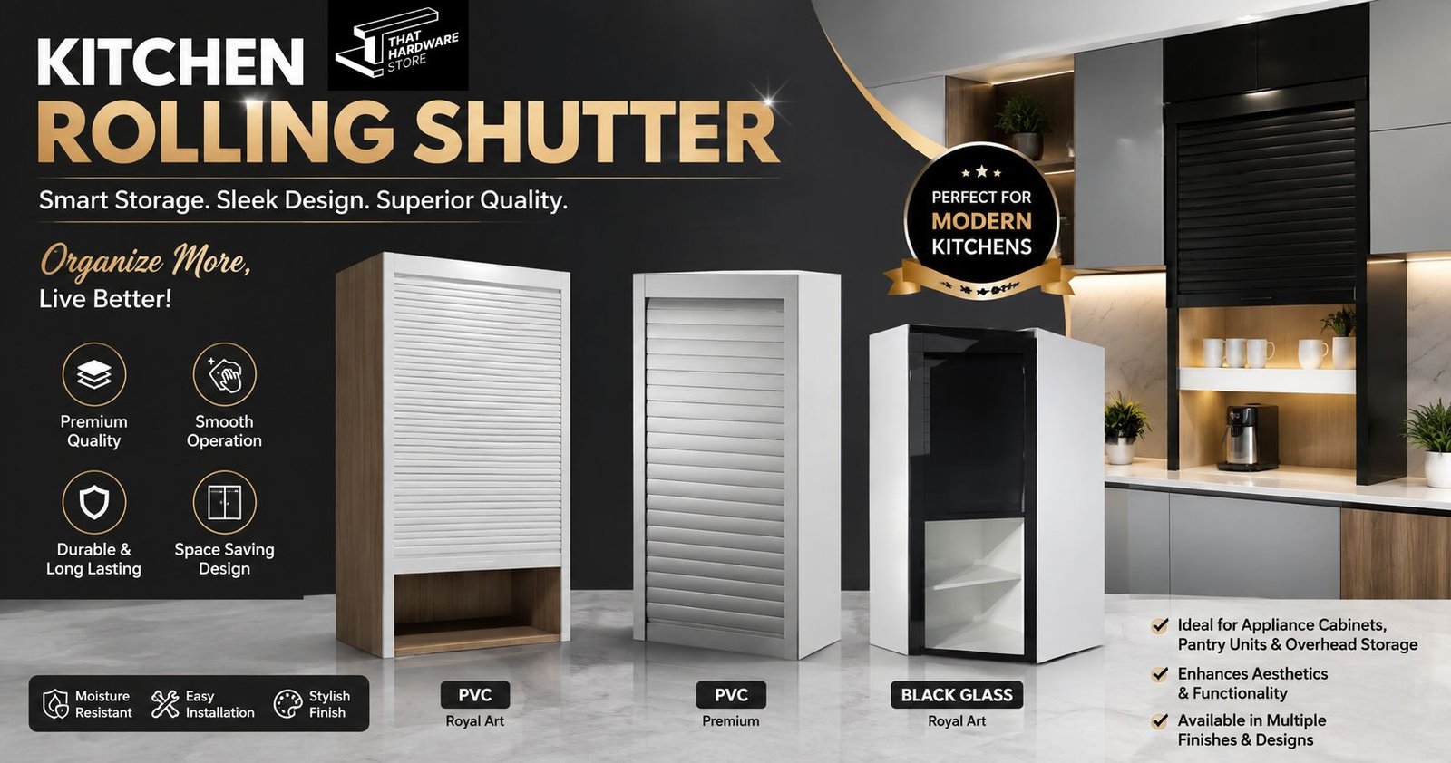 Kitchen rolling shutter black glass Royal Art for modern modular kitchen