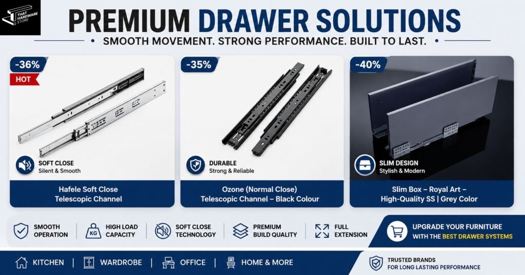 Drawer channel price in India – premium soft close kitchen drawer system with smooth full extension