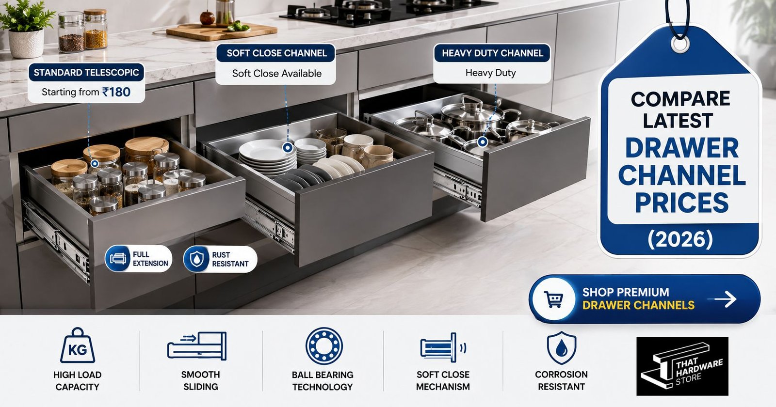 Modern modular kitchen featuring stainless steel telescopic drawer channels, soft close drawer slides, and heavy duty drawer channels with latest drawer channel price comparison in India 2026.