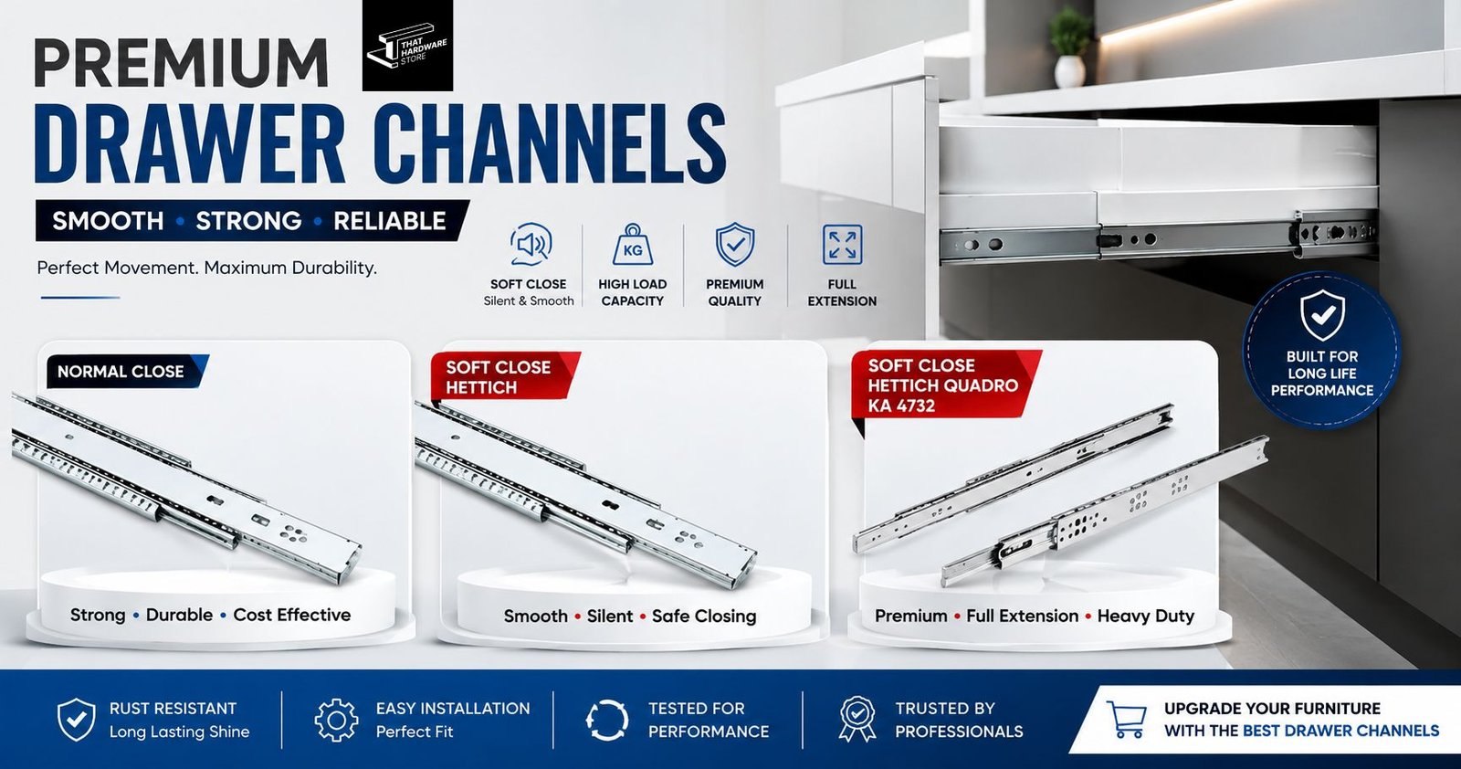 Premium kitchen drawer solutions featuring smart storage, Hafele MatrixBox drawer set and full extension drawer systems