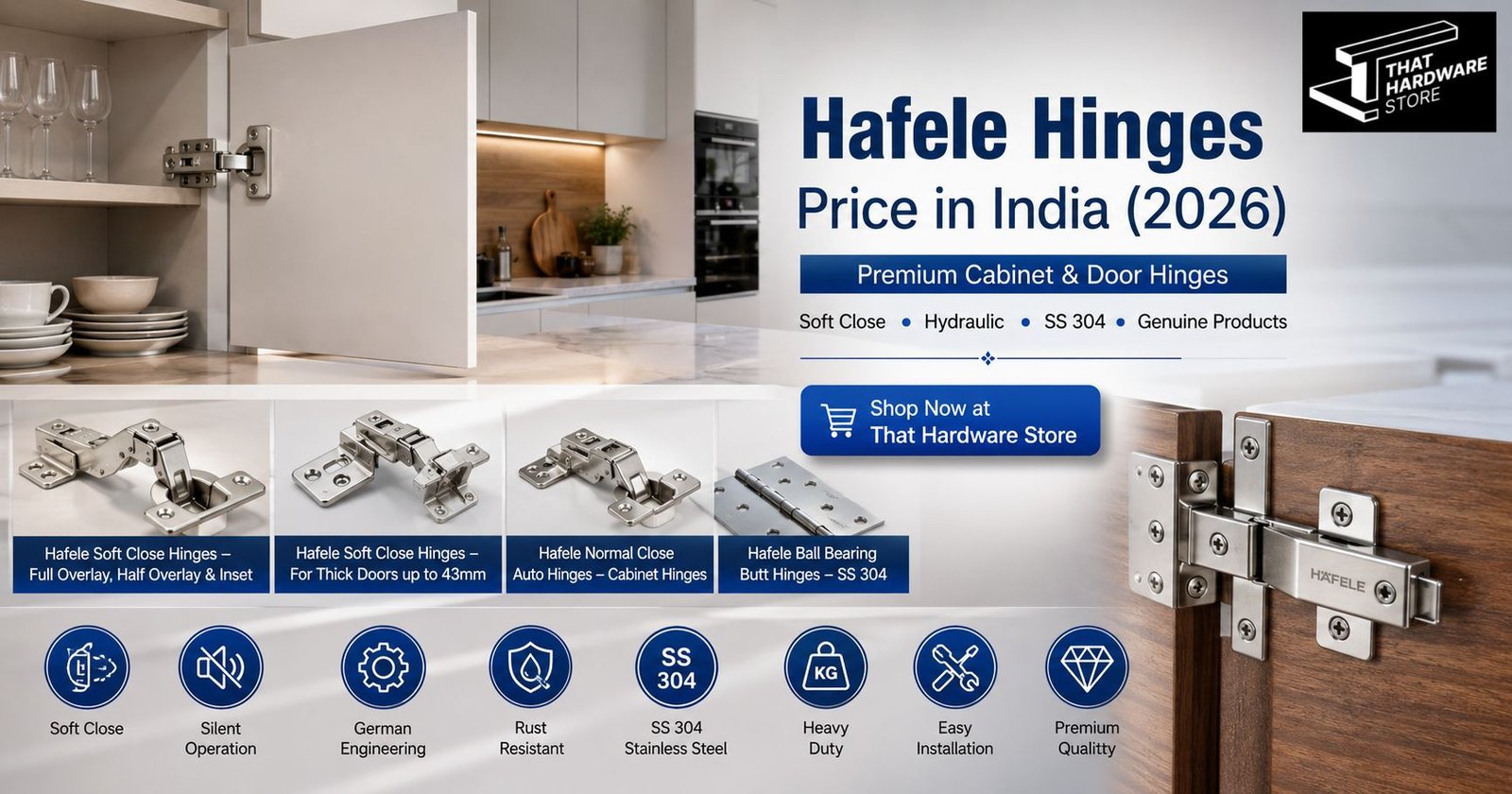 Hafele Hinges Price in India 2026 featuring premium soft close cabinet hinges, SS 304 ball bearing butt hinges, full overlay, half overlay and inset hinges.