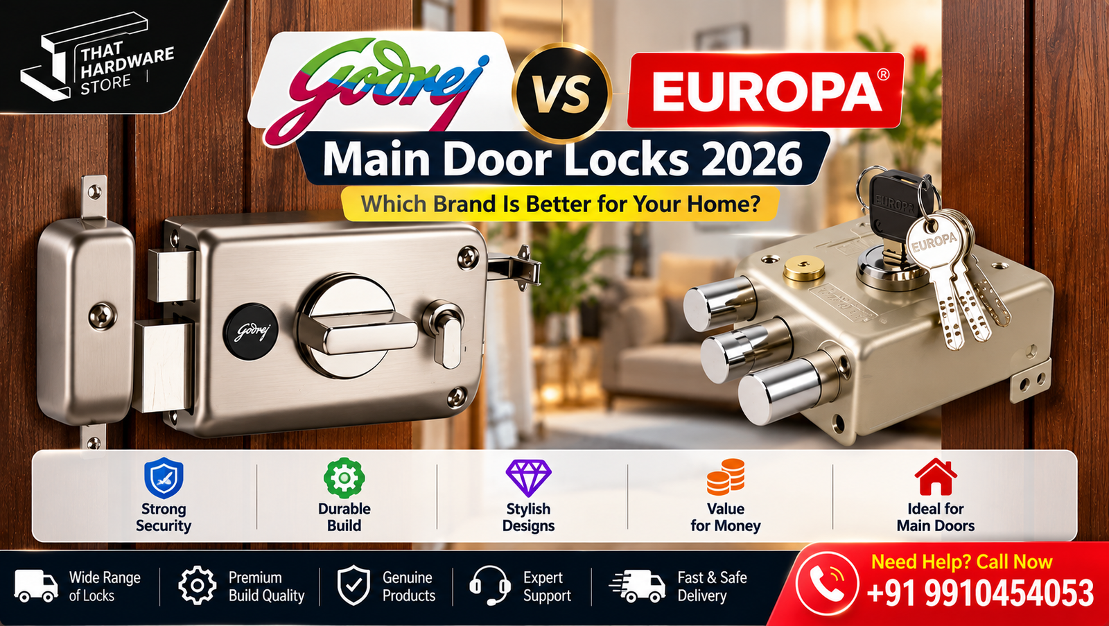 Godrej vs Europa main door locks comparison showing pin cylinder and dimple key lock mechanisms