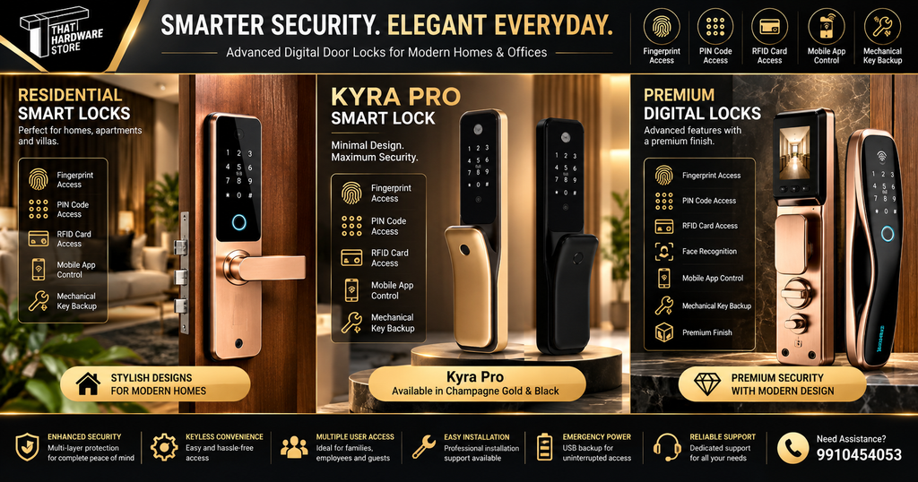 Digital door lock with fingerprint, PIN code and keyless entry features for modern homes