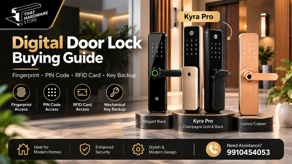 Digital door lock buying guide featuring Kyra Pro Champagne Gold and Black, fingerprint access and keyless entry options