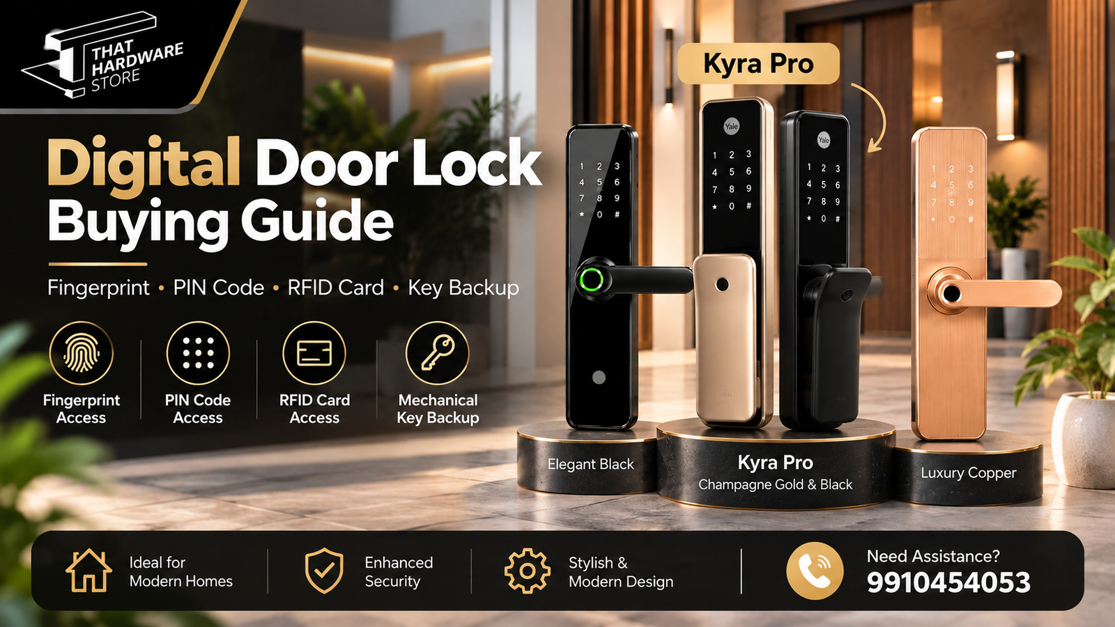Digital door lock buying guide featuring Kyra Pro Champagne Gold and Black, fingerprint access and keyless entry options